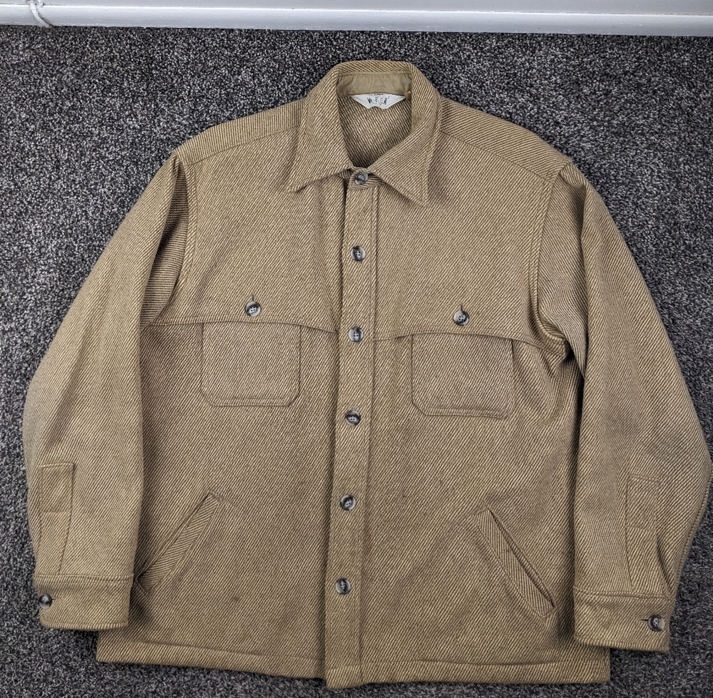 Vintage 70s Woolrich Shirt Jacket Wool Mackinaw Beige Tan Mens XL USA Made